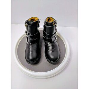 Black Faux Leather Ankle Boots With Double Buckle & Side Zipper Design Size 12 R